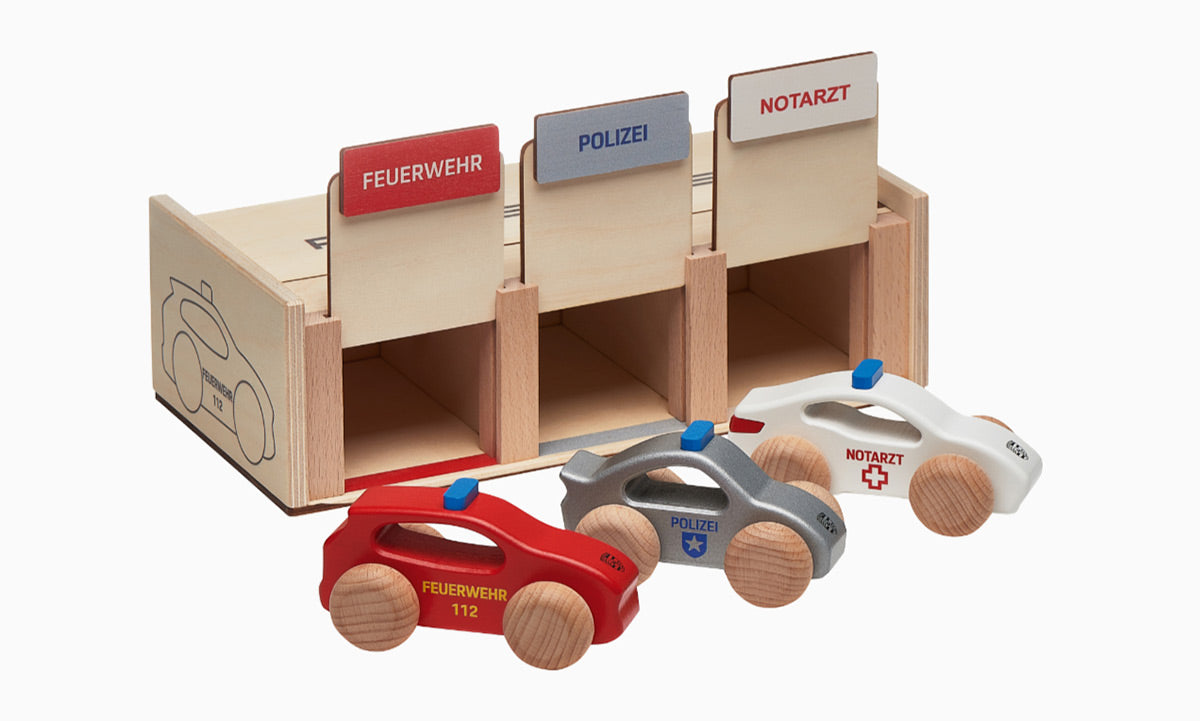 Set of wooden emergency vehicles