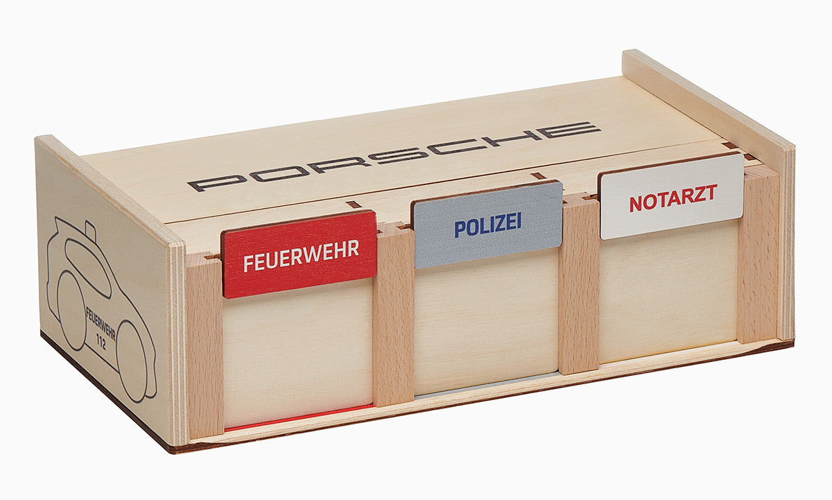 Set of wooden emergency vehicles